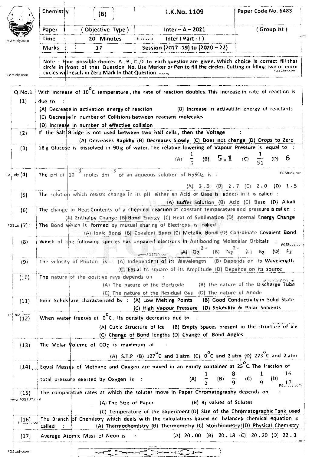 11th Class Chemistry Past Paper 2021 Bahawalpur Board Group 1 Objective
