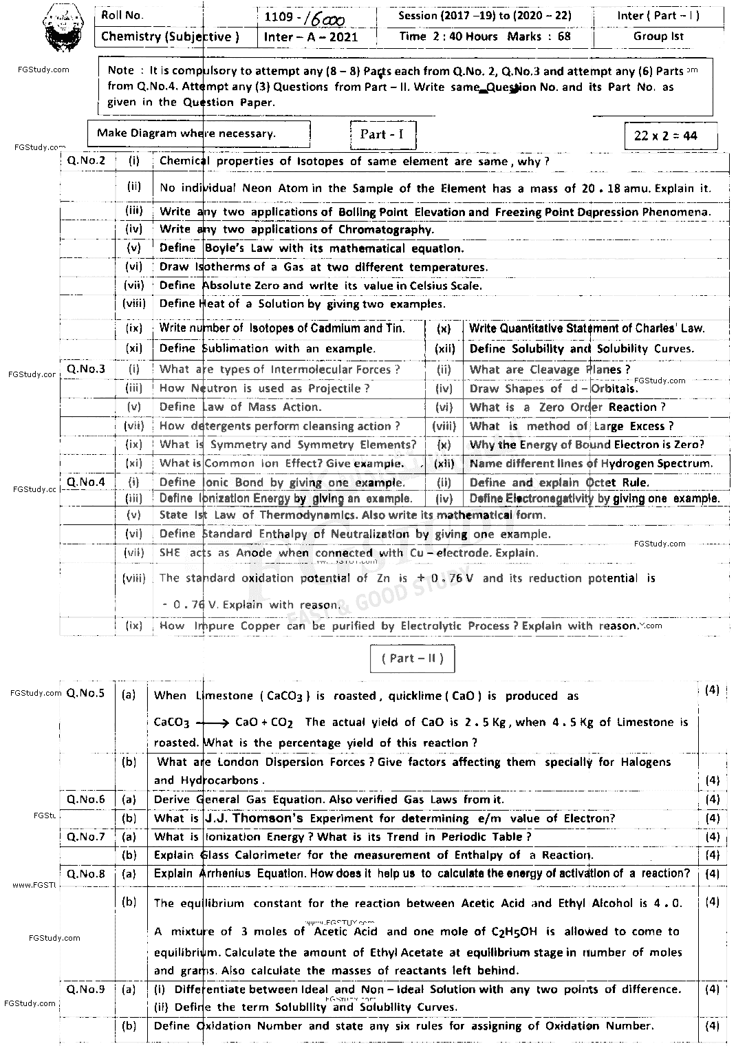 11th Class Chemistry Past Paper 2021 Bahawalpur Board Group 1 Subjective