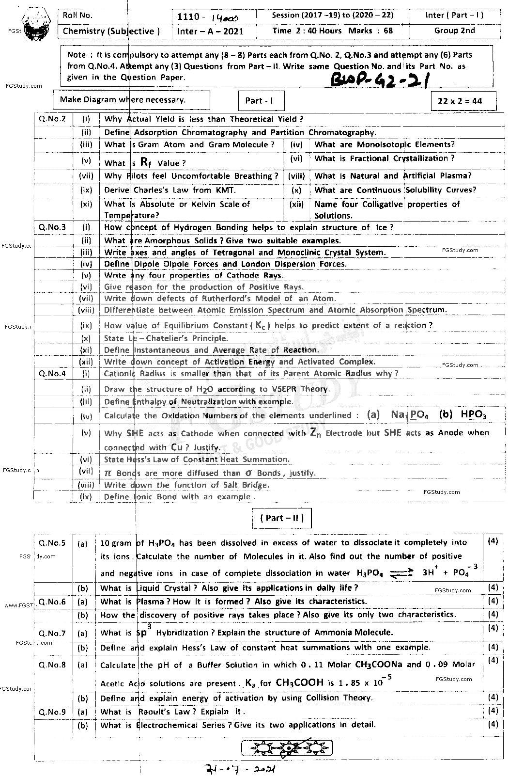 11th Class Chemistry Past Paper 2021 Bahawalpur Board Group 2 Subjective