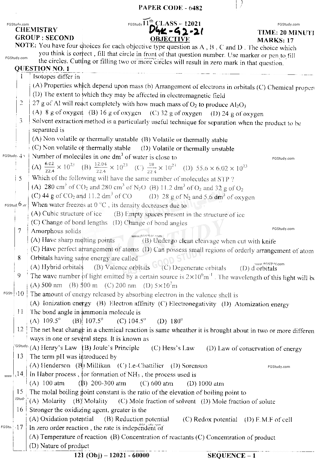 11th Class Chemistry Past Paper 2021 Dg Khan Board Group 2 Objective