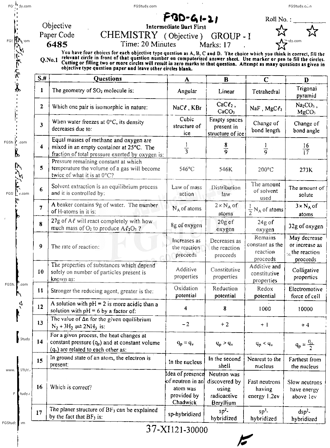 11th Class Chemistry Past Paper 2021 Faisalabad Board Group 1 Objective