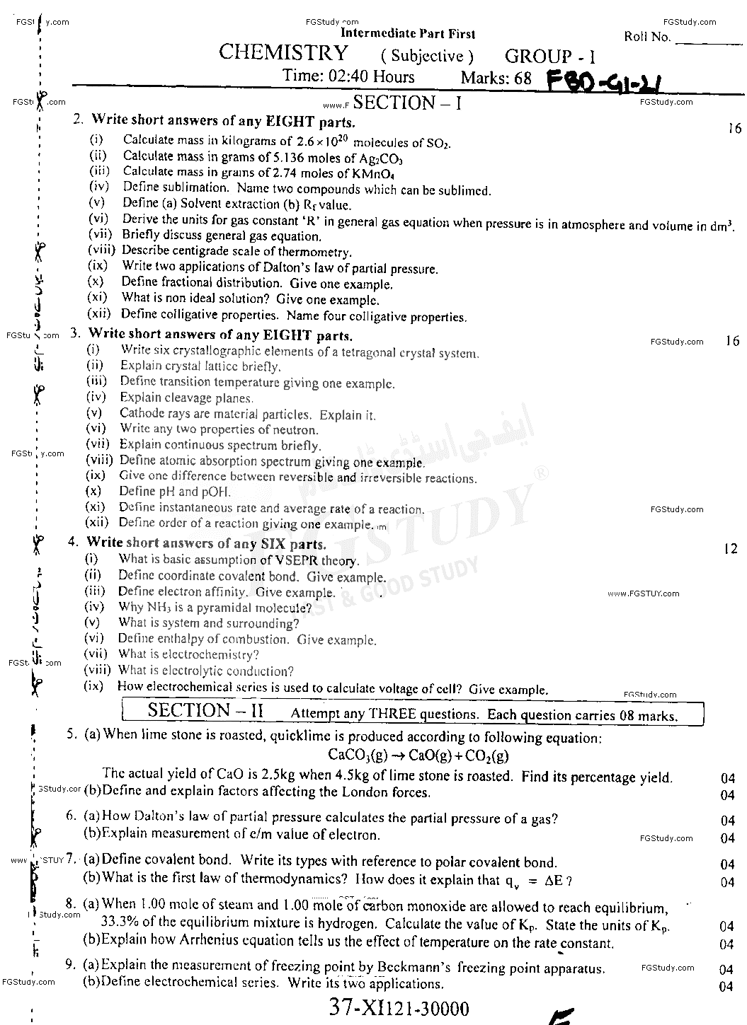 11th Class Chemistry Past Paper 2021 Faisalabad Board Group 1 Subjective