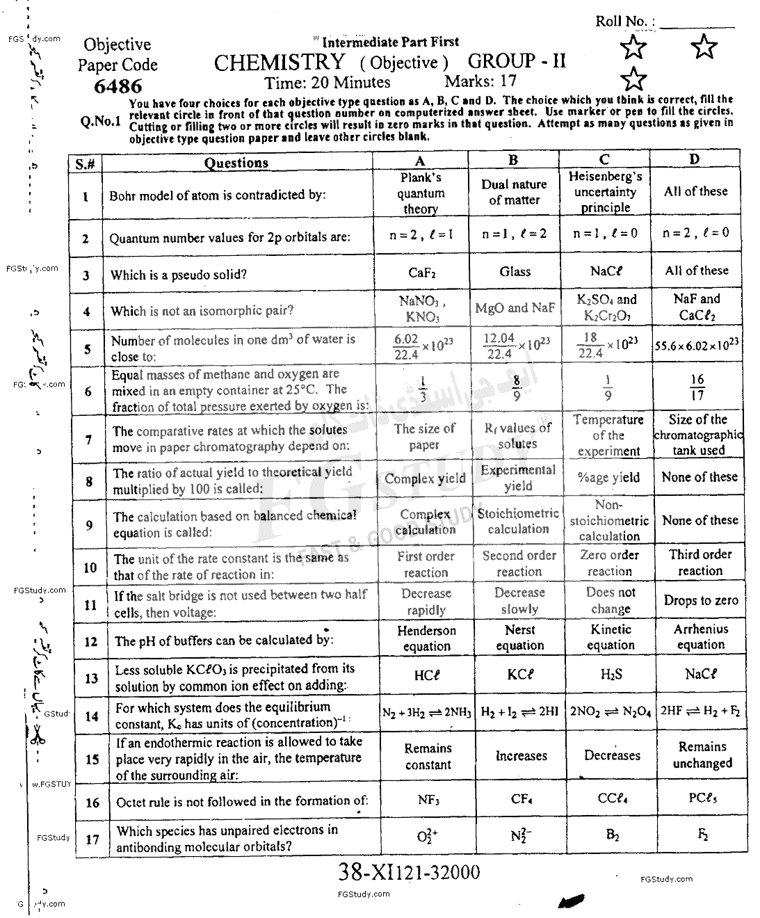 11th Class Chemistry Past Paper 2021 Faisalabad Board Group 2 Objective
