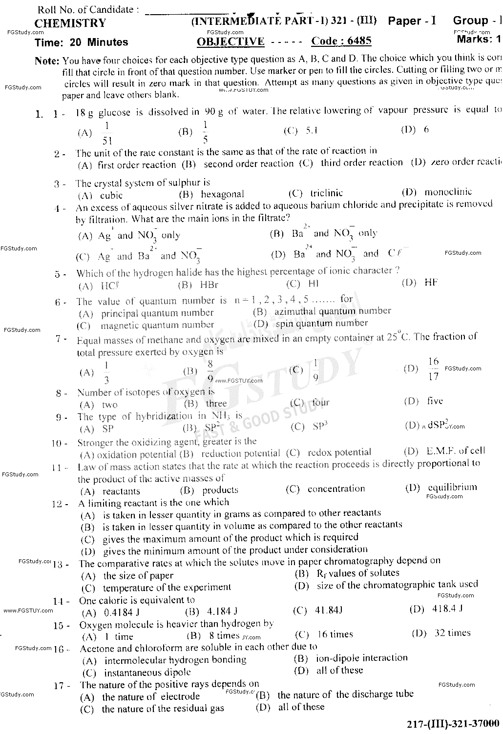11th Class Chemistry Past Paper 2021 Gujranwala Board Group 1 Objective