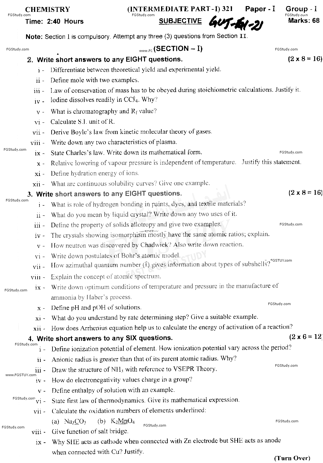 11th Class Chemistry Past Paper 2021 Gujranwala Board Group 1 Subjective