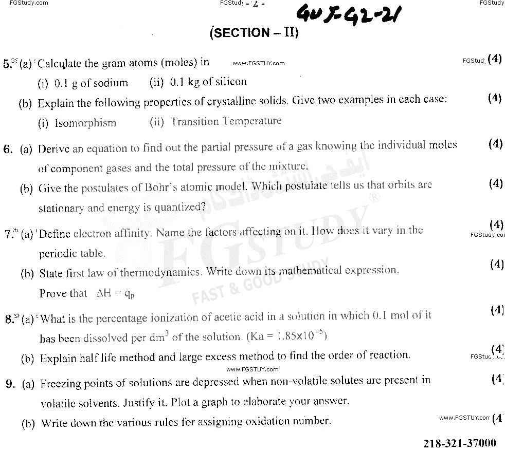 11th Class Chemistry Past Paper 2021 Gujranwala Board Group 2 Subjective