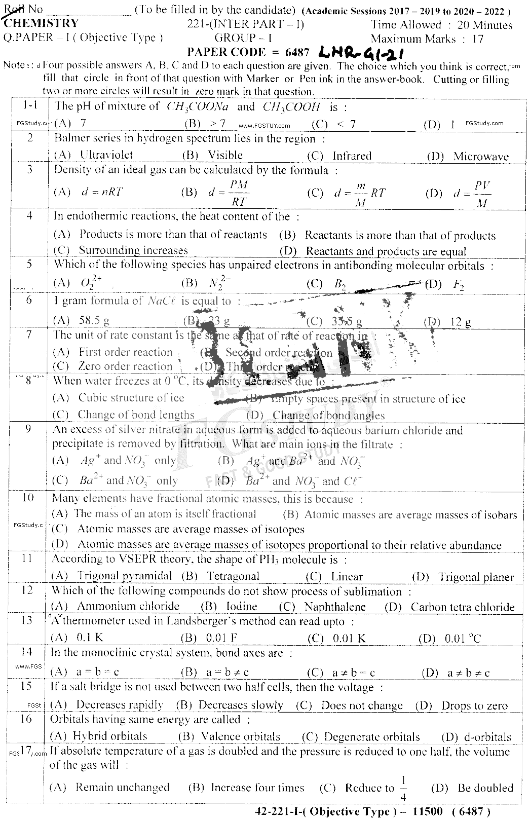 11th Class Chemistry Past Paper 2021 Lahore Board Group 1 Objective