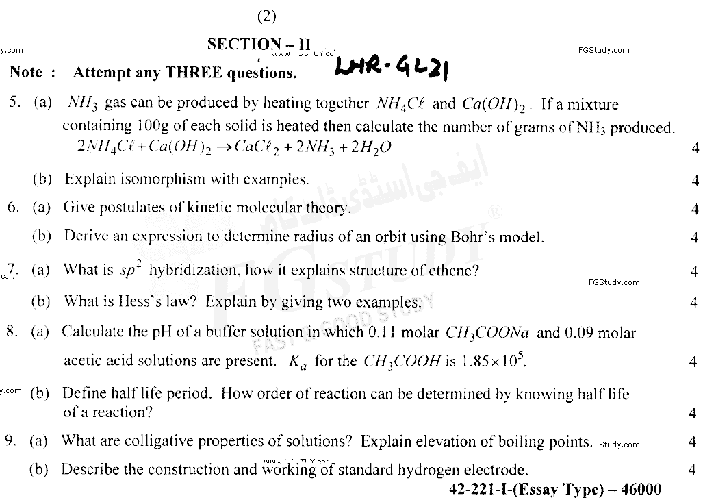 11th Class Chemistry Past Paper 2021 Lahore Board Group 1 Subjective