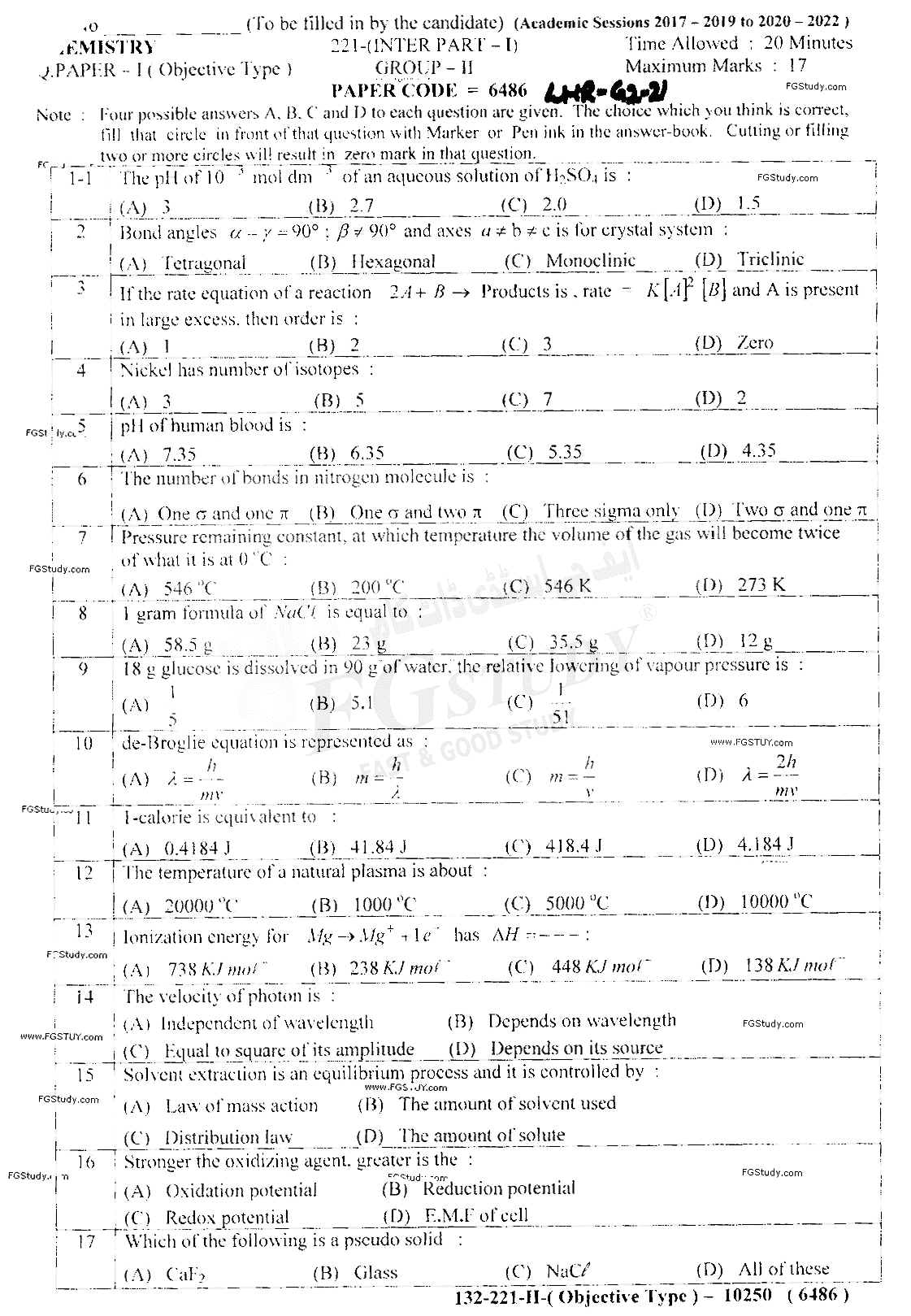 11th Class Chemistry Past Paper 2021 Lahore Board Group 2 Objective