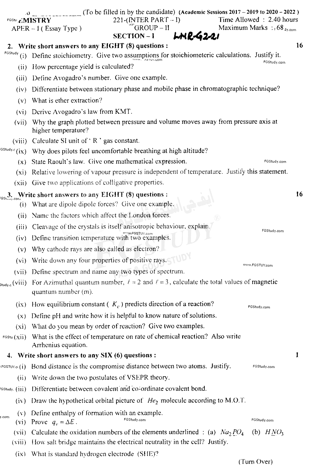 11th Class Chemistry Past Paper 2021 Lahore Board Group 2 Subjective