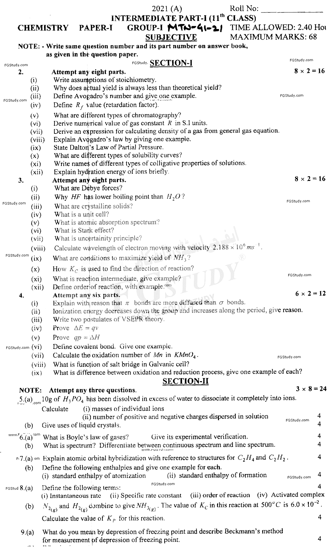11th Class Chemistry Past Paper 2021 Multan Board Group 1 Subjective