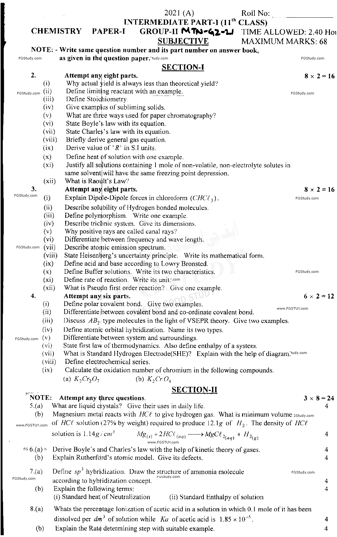 11th Class Chemistry Past Paper 2021 Multan Board Group 2 Subjective