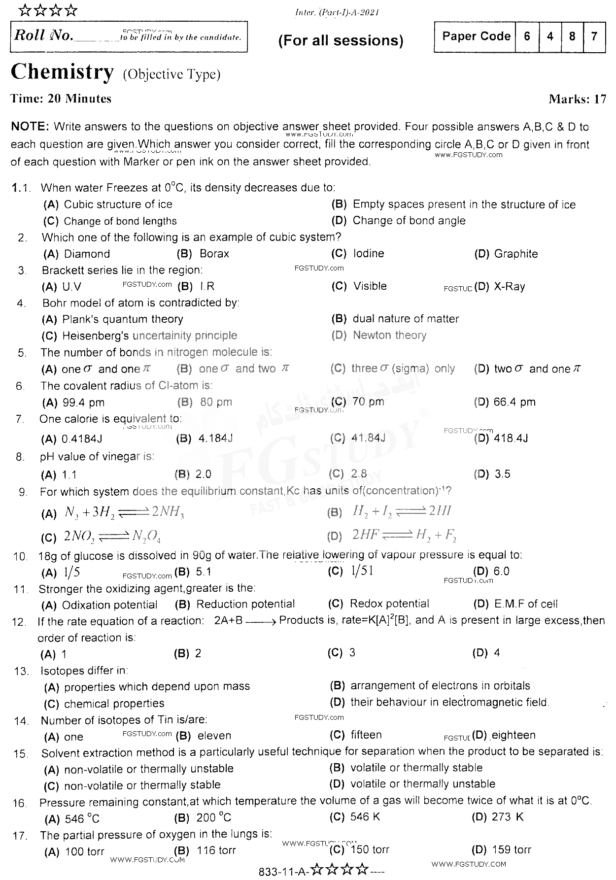 11th Class Chemistry Past Paper 2021 Rawalpindi Board Objective