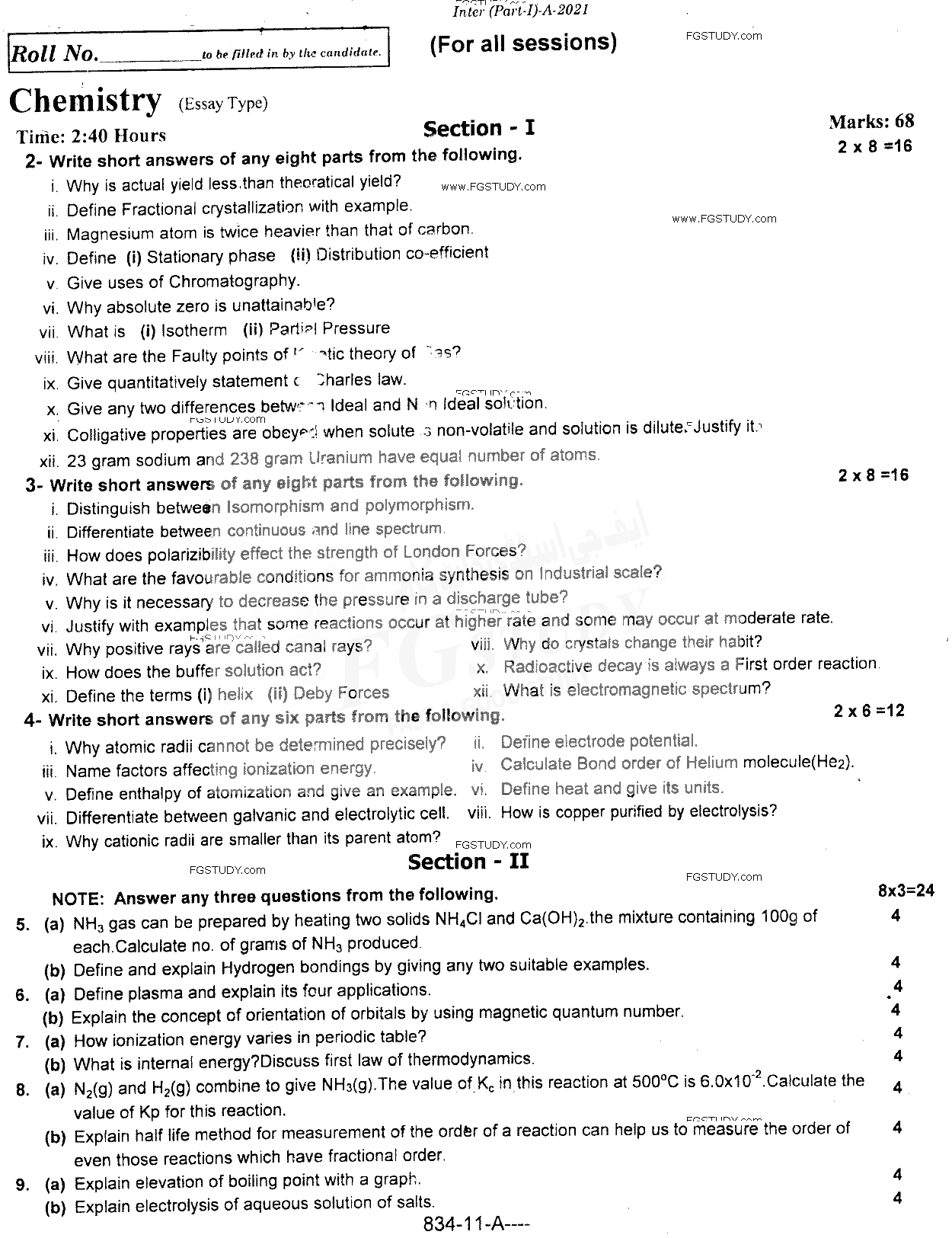 11th Class Chemistry Past Paper 2021 Rawalpindi Board Subjective
