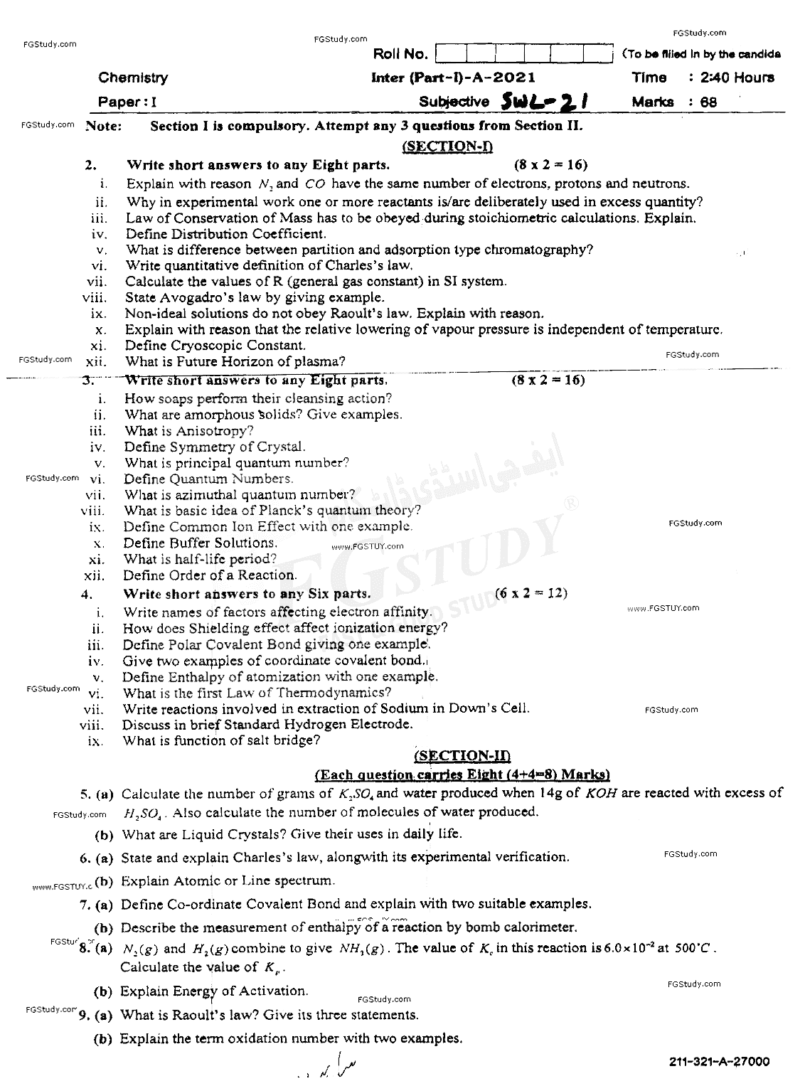 11th Class Chemistry Past Paper 2021 Sahiwal Board Subjective