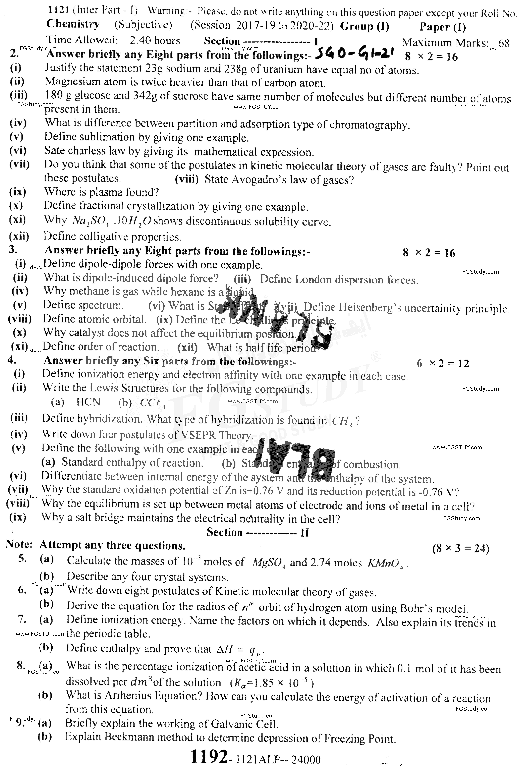 11th Class Chemistry Past Paper 2021 Sargodha Board Group 1 Objective