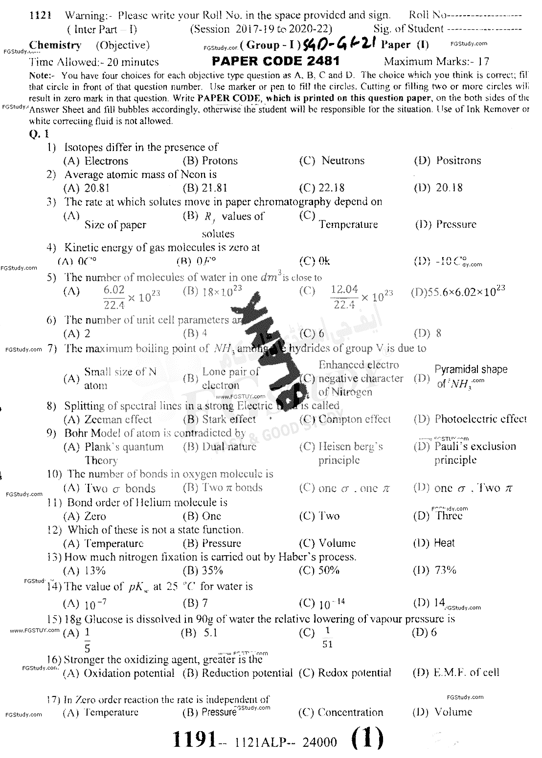 11th Class Chemistry Past Paper 2021 Sargodha Board Group 1 Subjective
