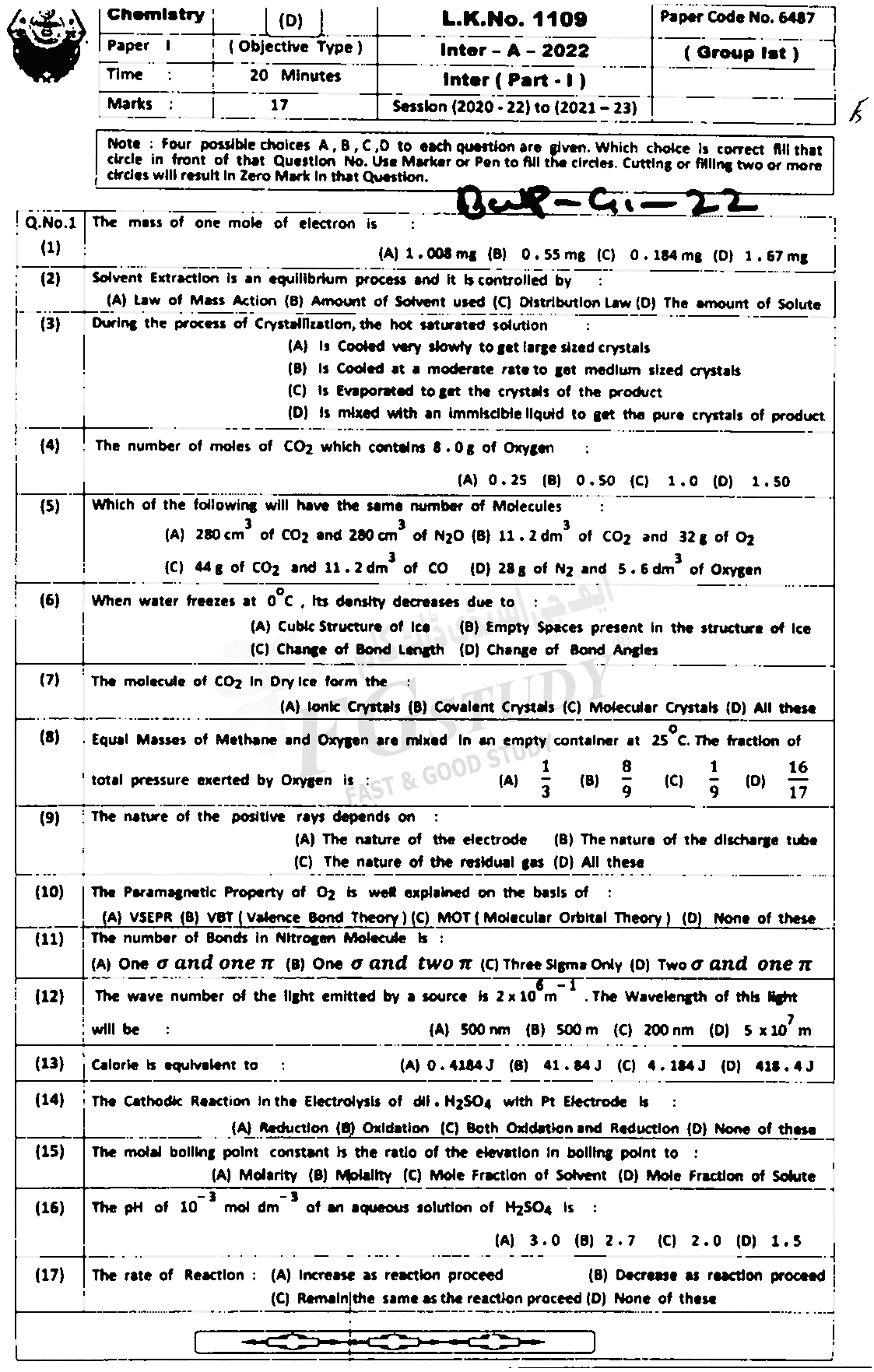 11th Class Chemistry Past Paper 2022 Bahawalpur Board Group 1 Objective