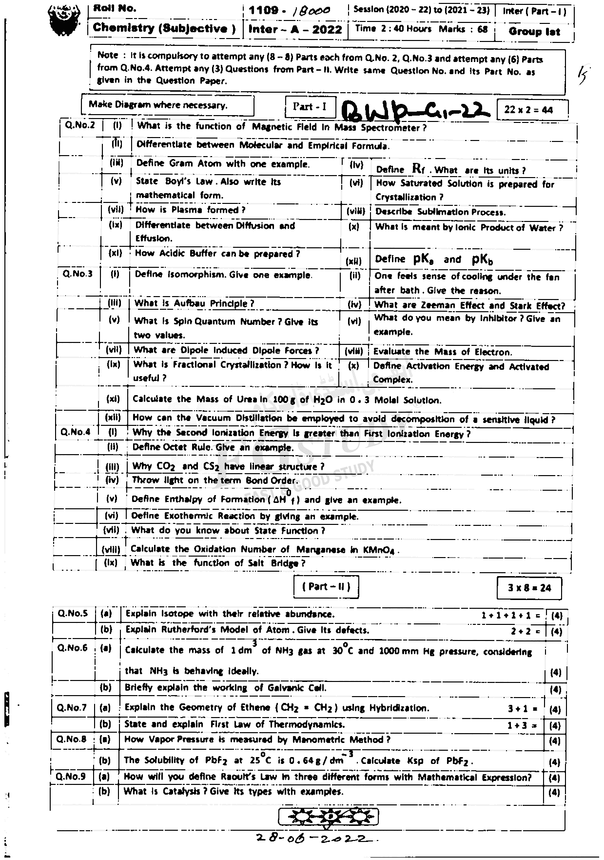 11th Class Chemistry Past Paper 2022 Bahawalpur Board Group 1 Subjective