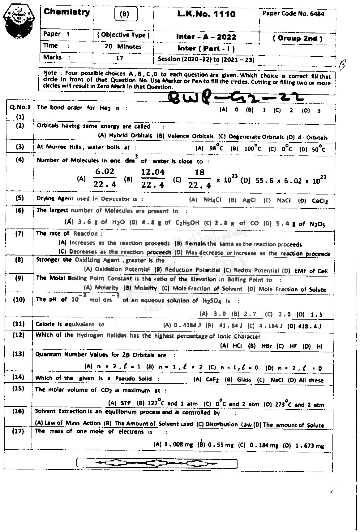 11th Class Chemistry Past Paper 2022 Bahawalpur Board Group 2 Objective