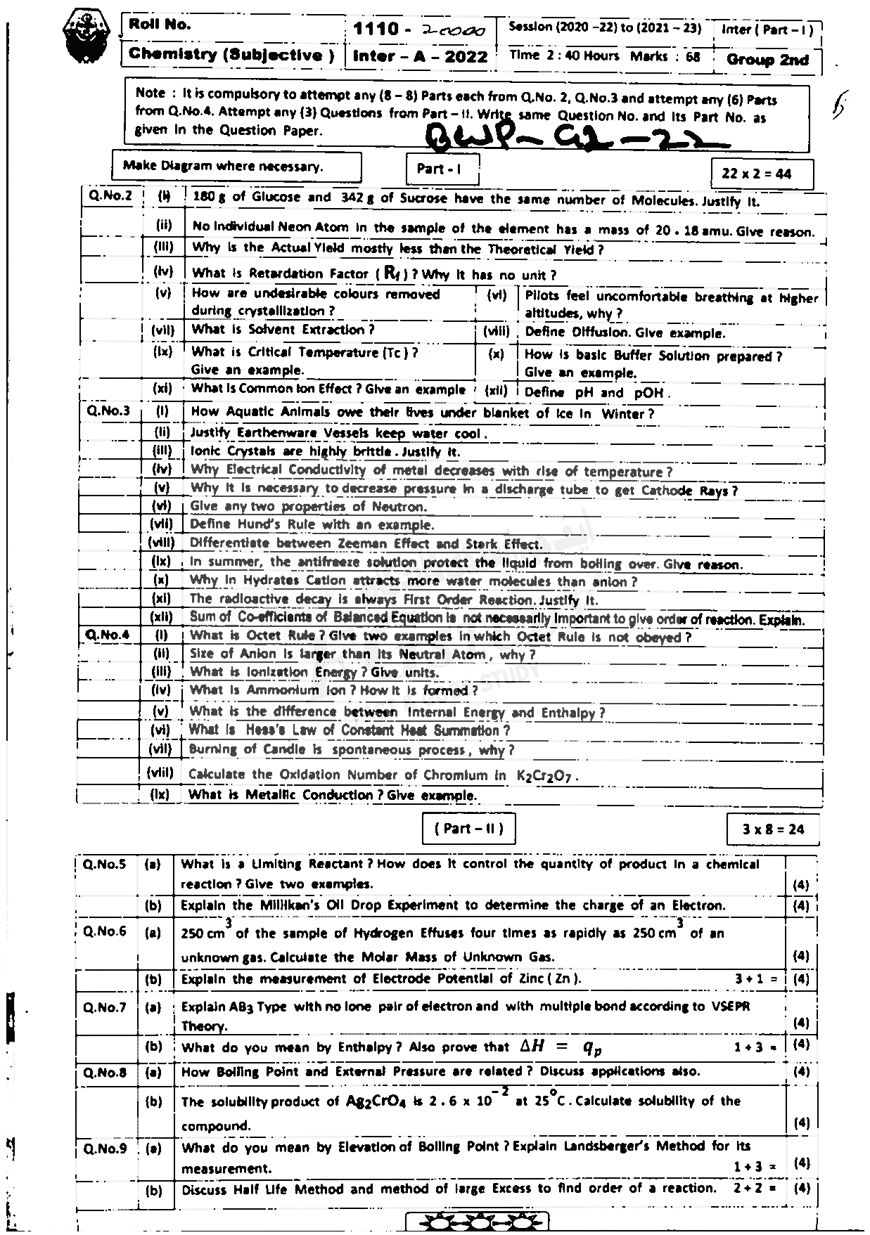 11th Class Chemistry Past Paper 2022 Bahawalpur Board Group 2 Subjective