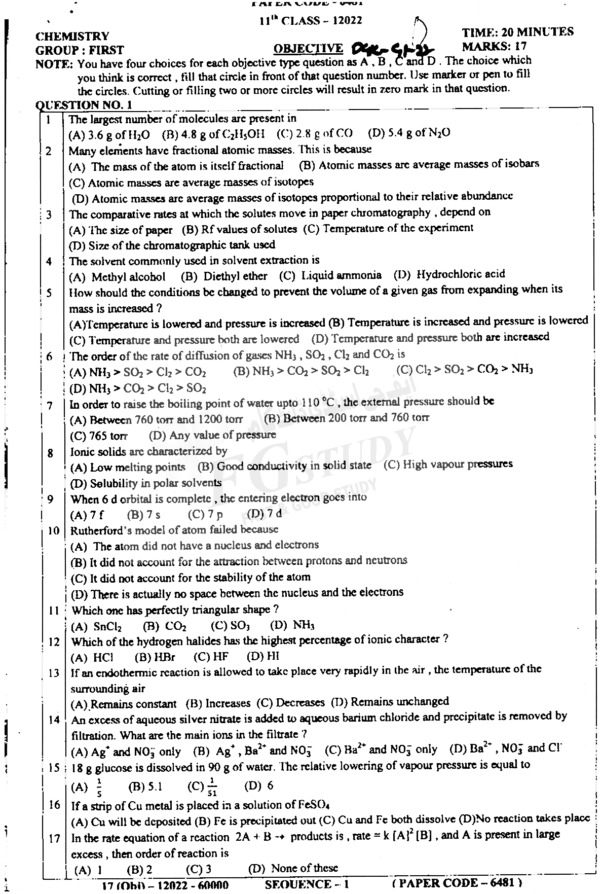 11th Class Chemistry Past Paper 2022 Dg Khan Board Group 1 Objective