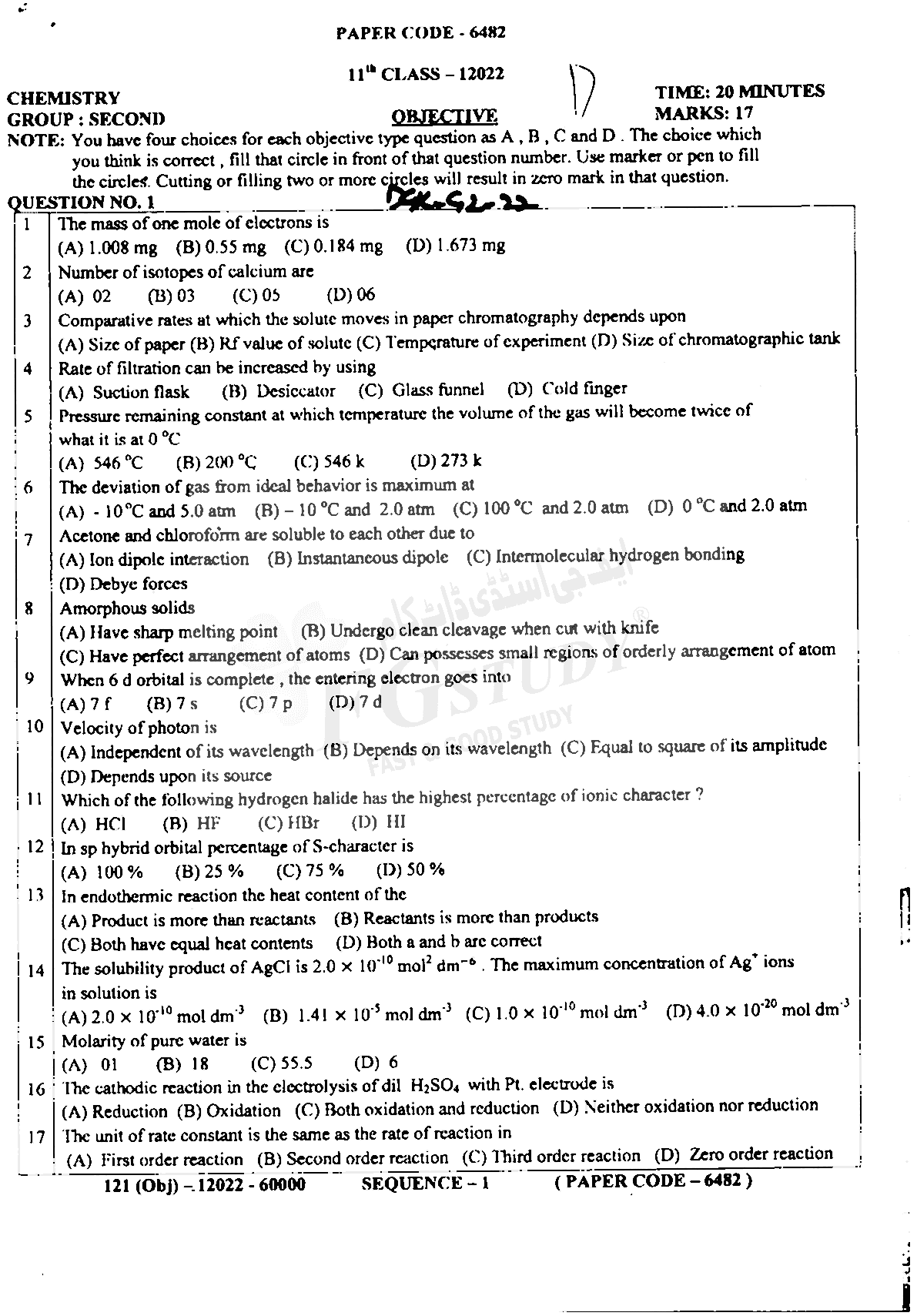 11th Class Chemistry Past Paper 2022 Dg Khan Board Group 2 Objective