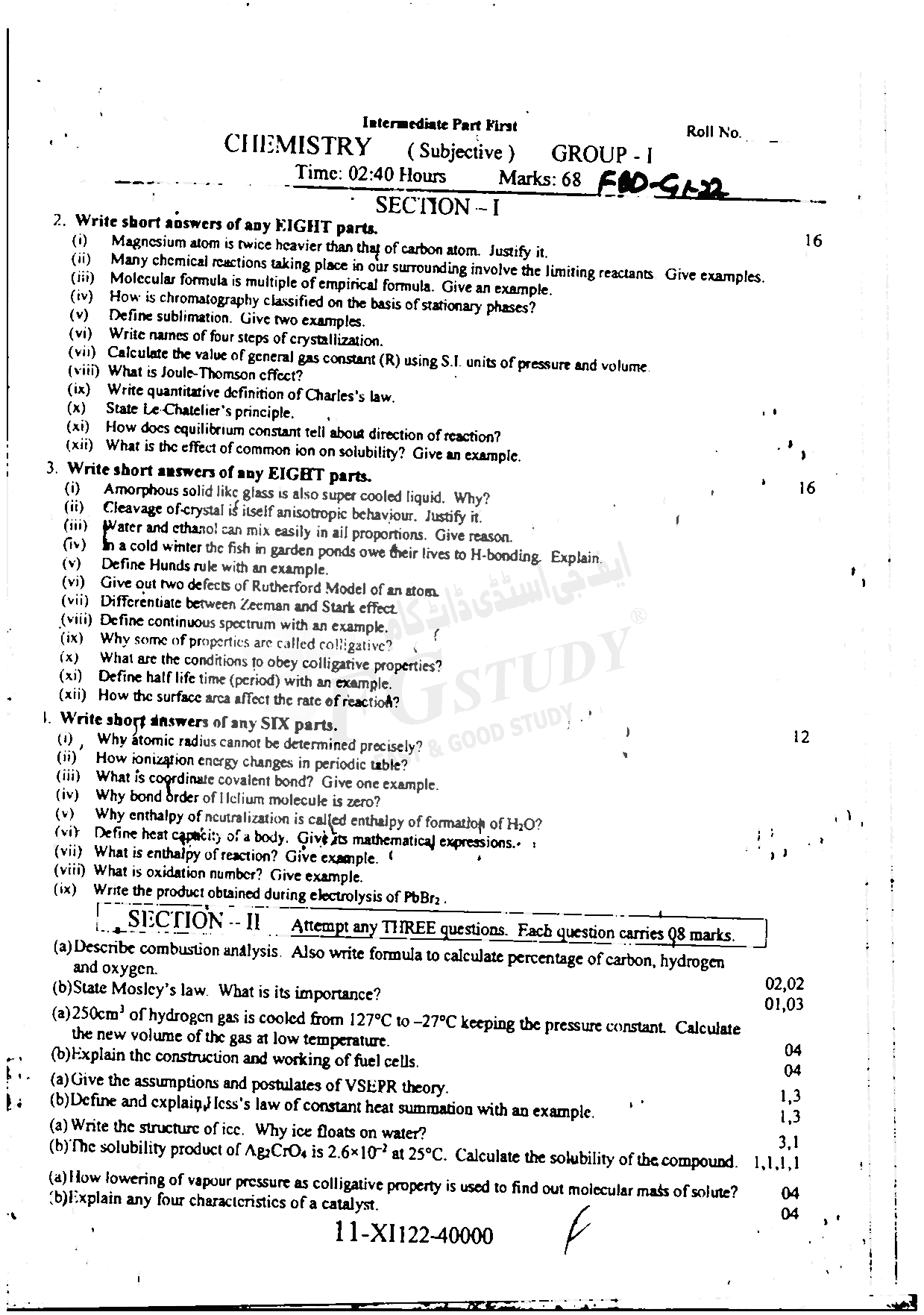 11th Class Chemistry Past Paper 2022 Faisalabad Board Group 1 Subjective