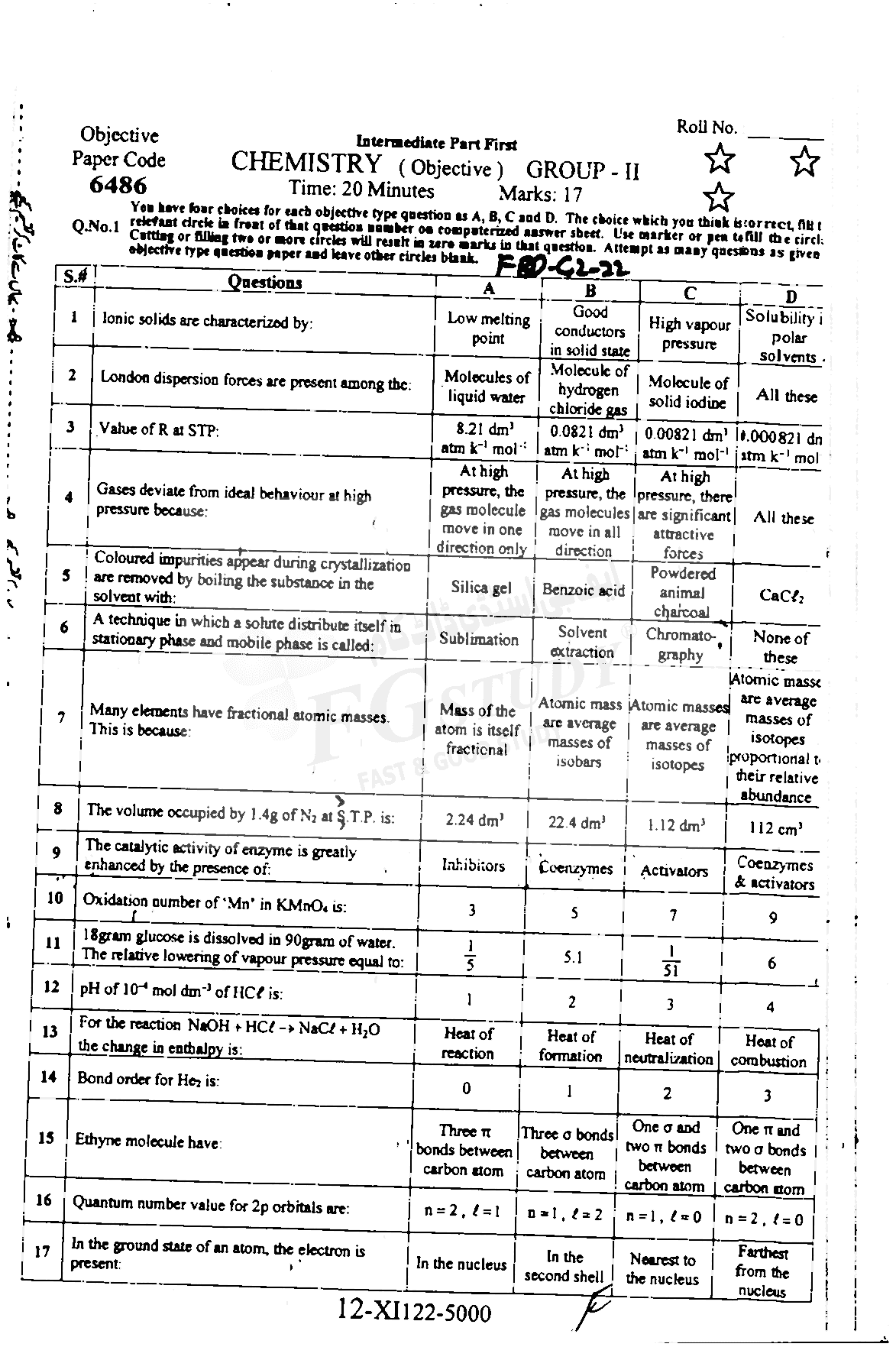 11th Class Chemistry Past Paper 2022 Faisalabad Board Group 2 Objective