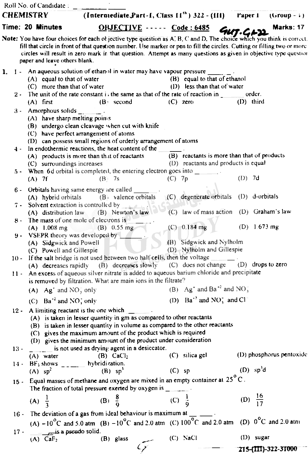 11th Class Chemistry Past Paper 2022 Gujranwala Board Group 1 Objective