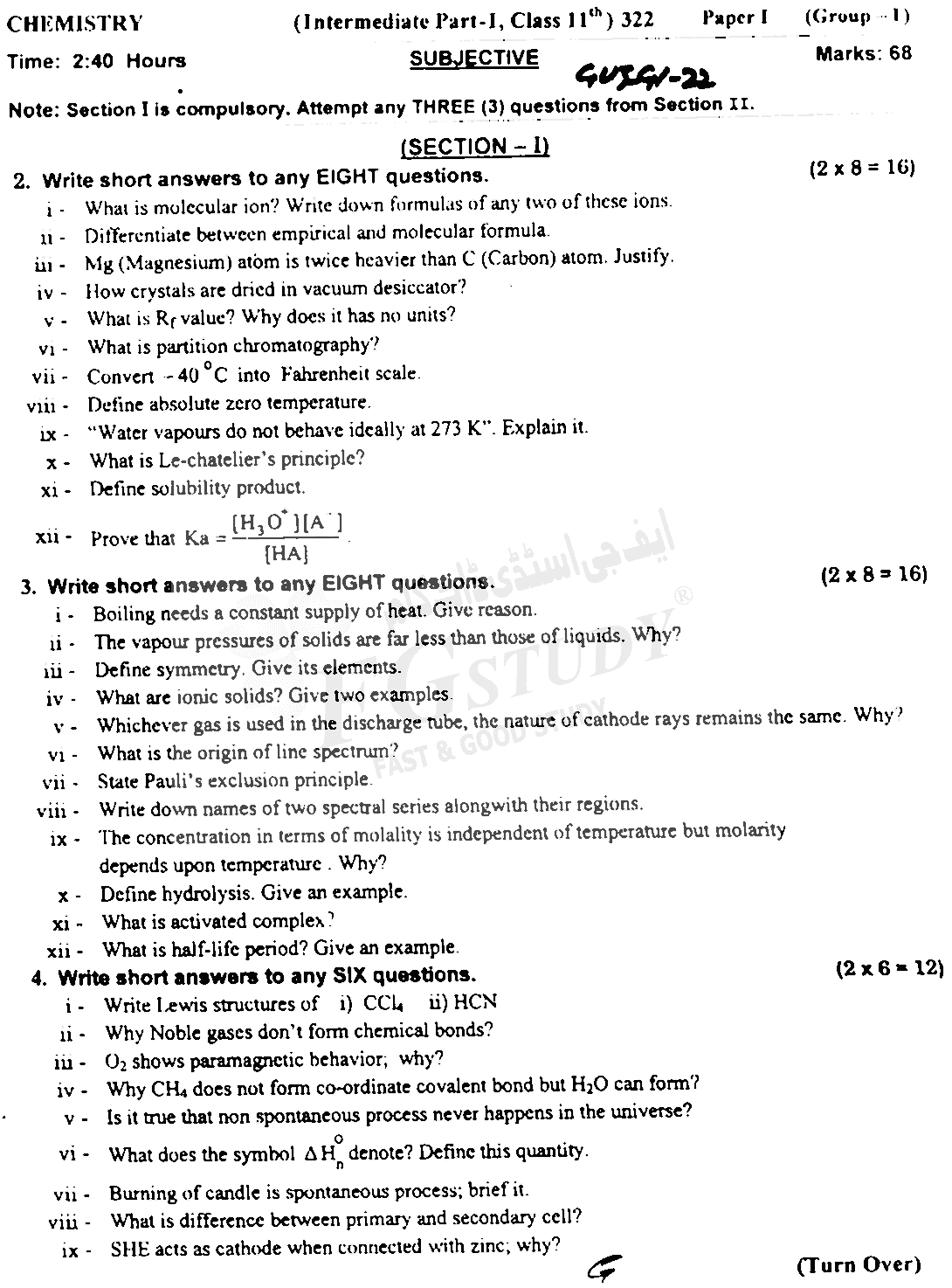 11th Class Chemistry Past Paper 2022 Gujranwala Board Group 1 Subjective