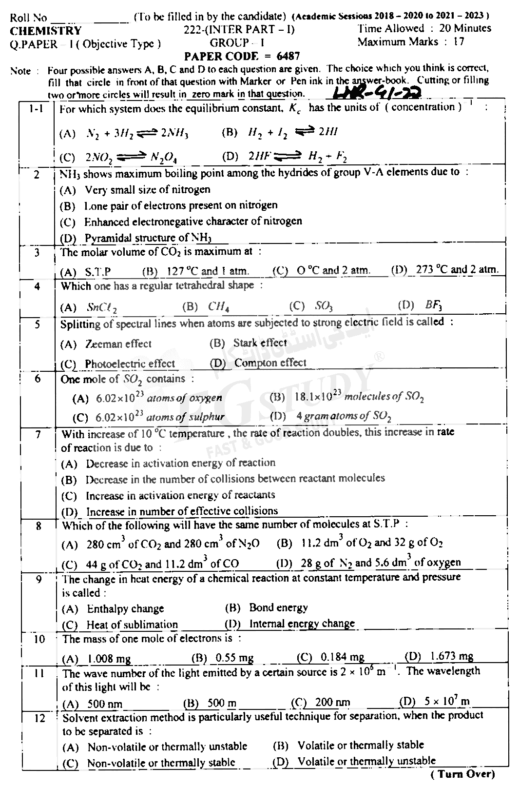 11th Class Chemistry Past Paper 2022 Lahore Board Group 1 Objective