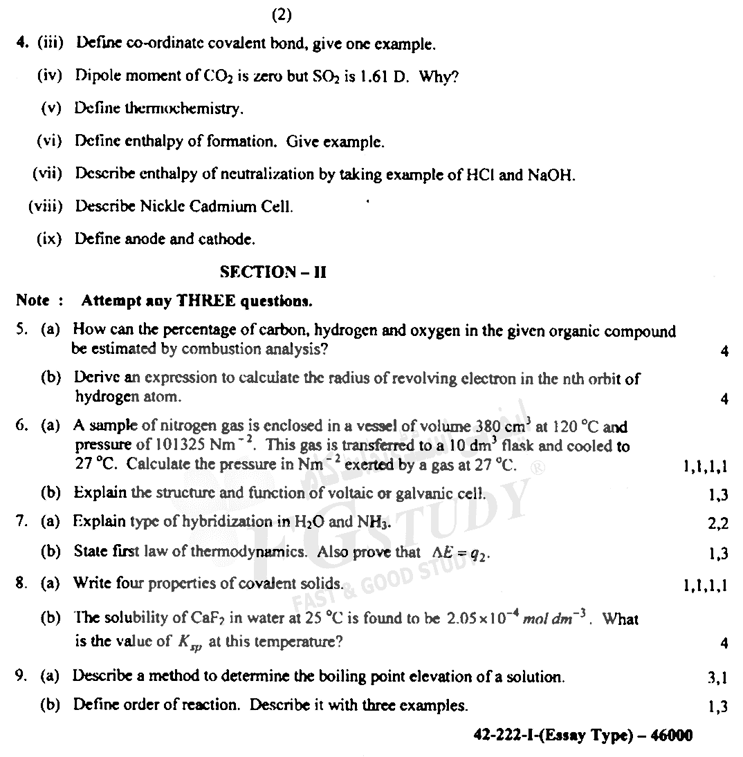 11th Class Chemistry Past Paper 2022 Lahore Board Group 1 Subjective