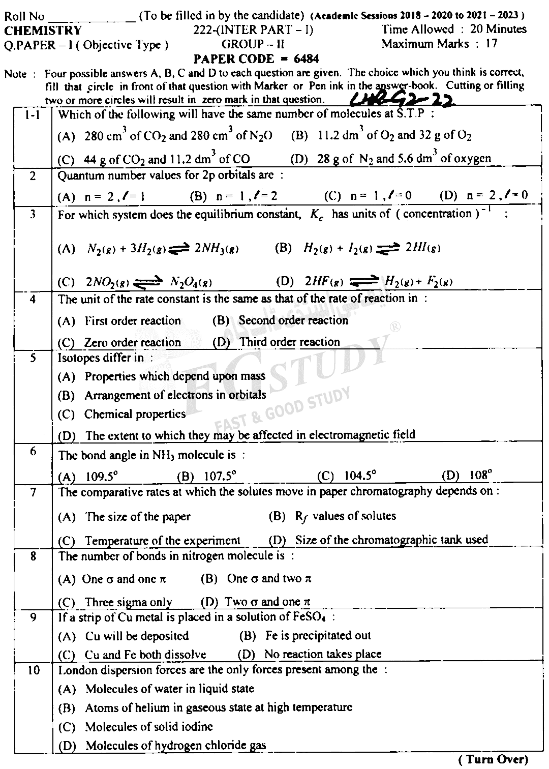 11th Class Chemistry Past Paper 2022 Lahore Board Group 2 Objective