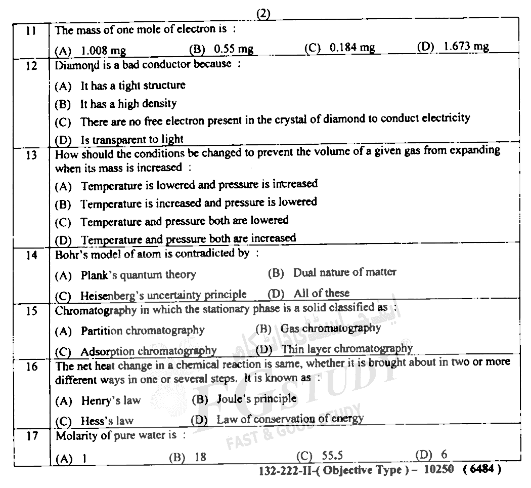 11th Class Chemistry Past Paper 2022 Lahore Board Group 2 Objective