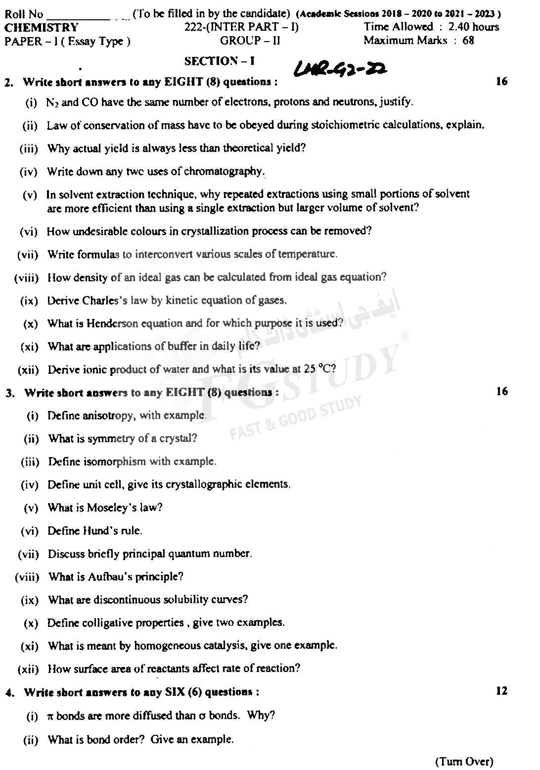 11th Class Chemistry Past Paper 2022 Lahore Board Group 2 Subjective