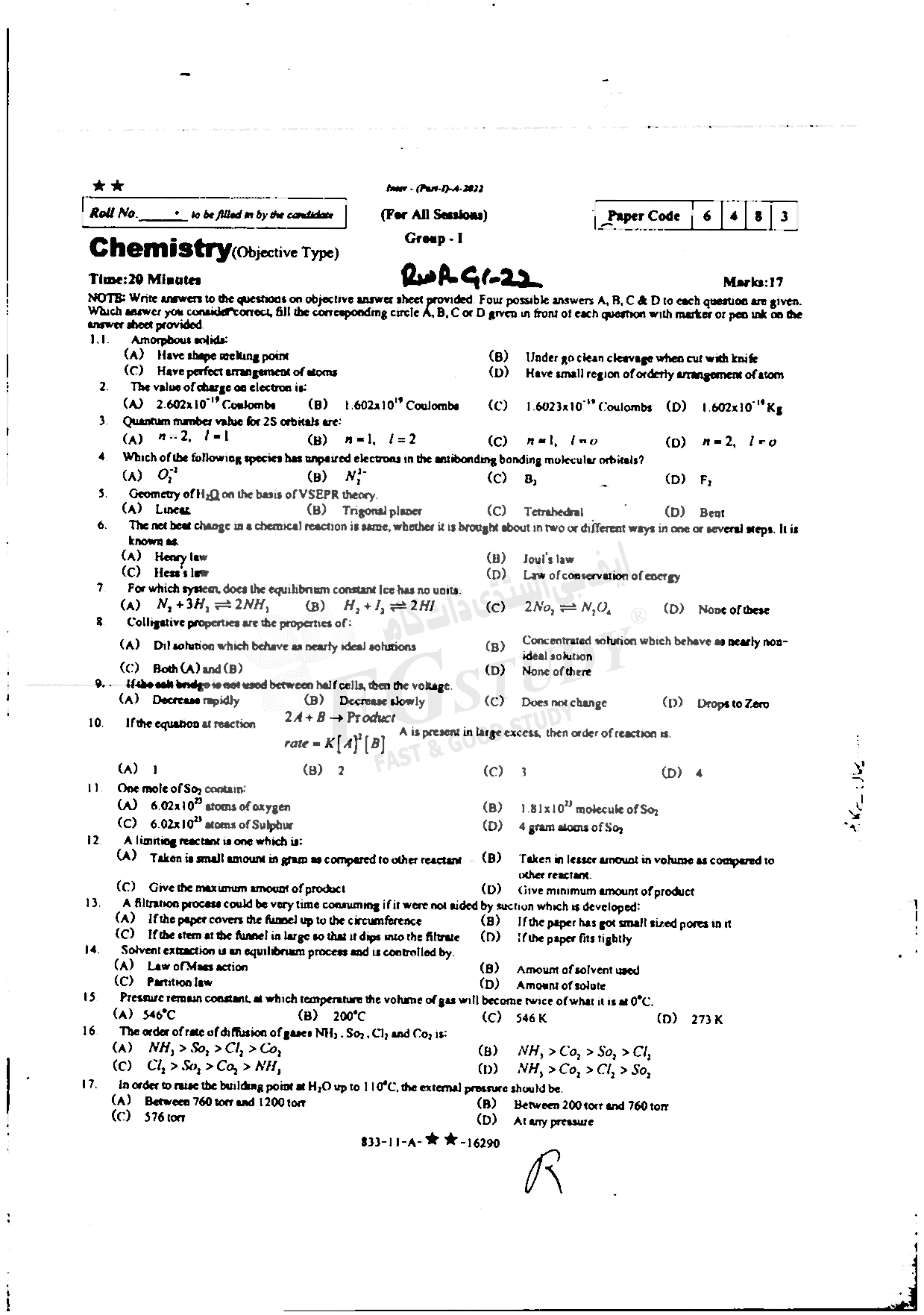11th Class Chemistry Past Paper 2022 Rawalpindi Board Group 1 Objective