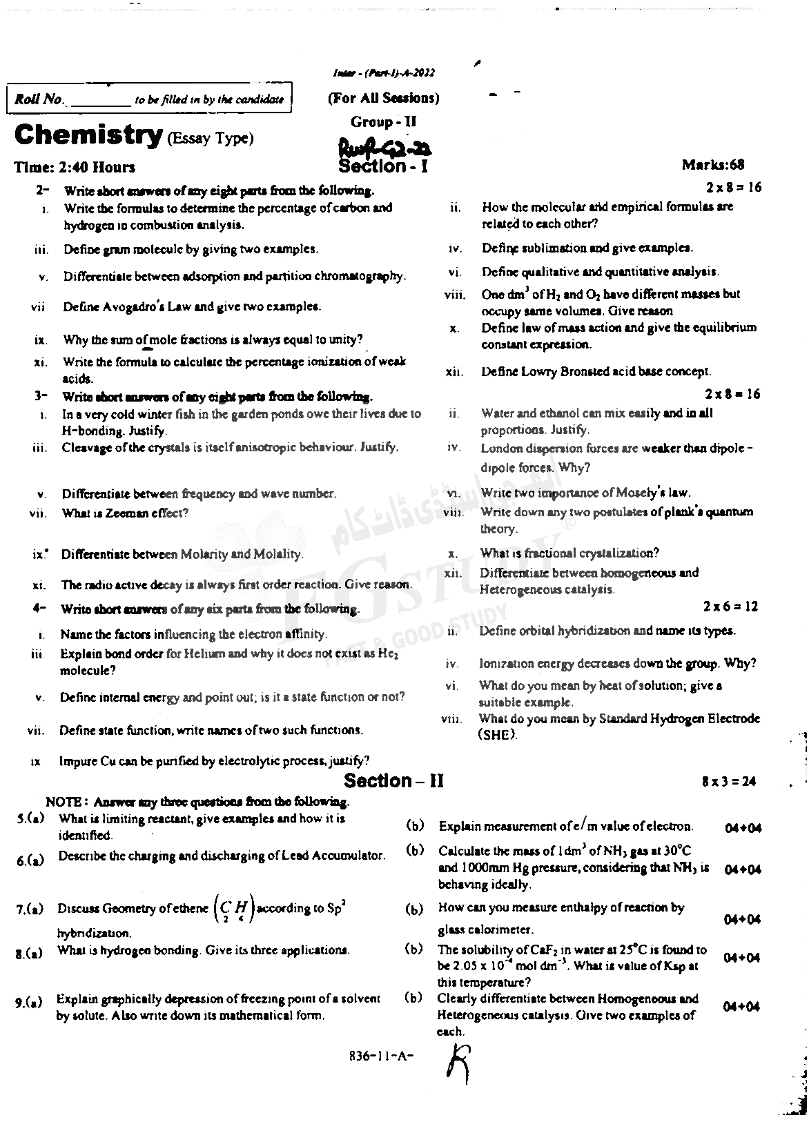 11th Class Chemistry Past Paper 2022 Rawalpindi Board Group 2 Subjective