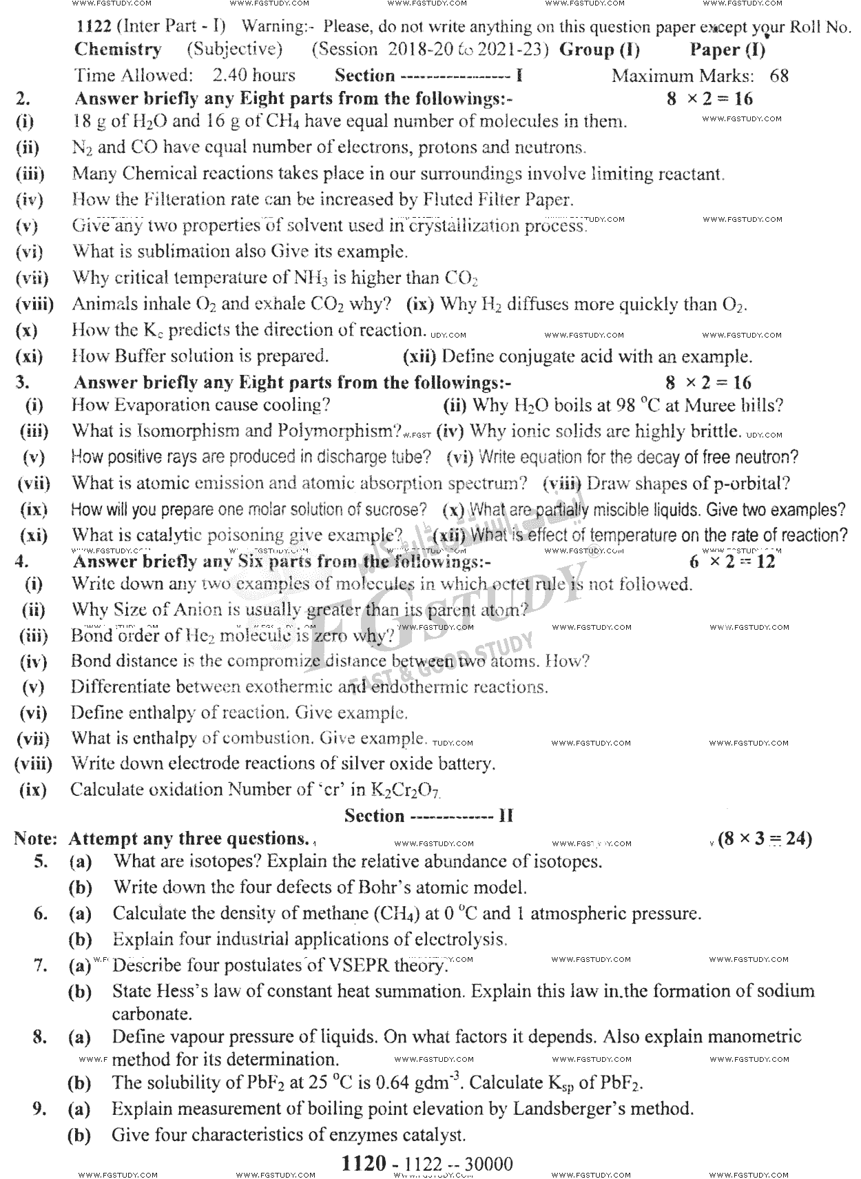 11th Class Chemistry Past Paper 2022 Sargodha Board Group 1 Subjective