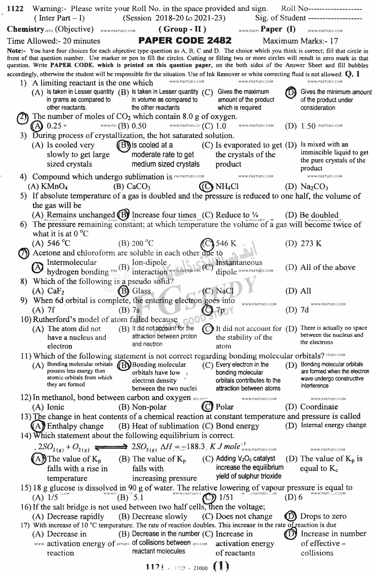 11th Class Chemistry Past Paper 2022 Sargodha Board Group 2 Objective