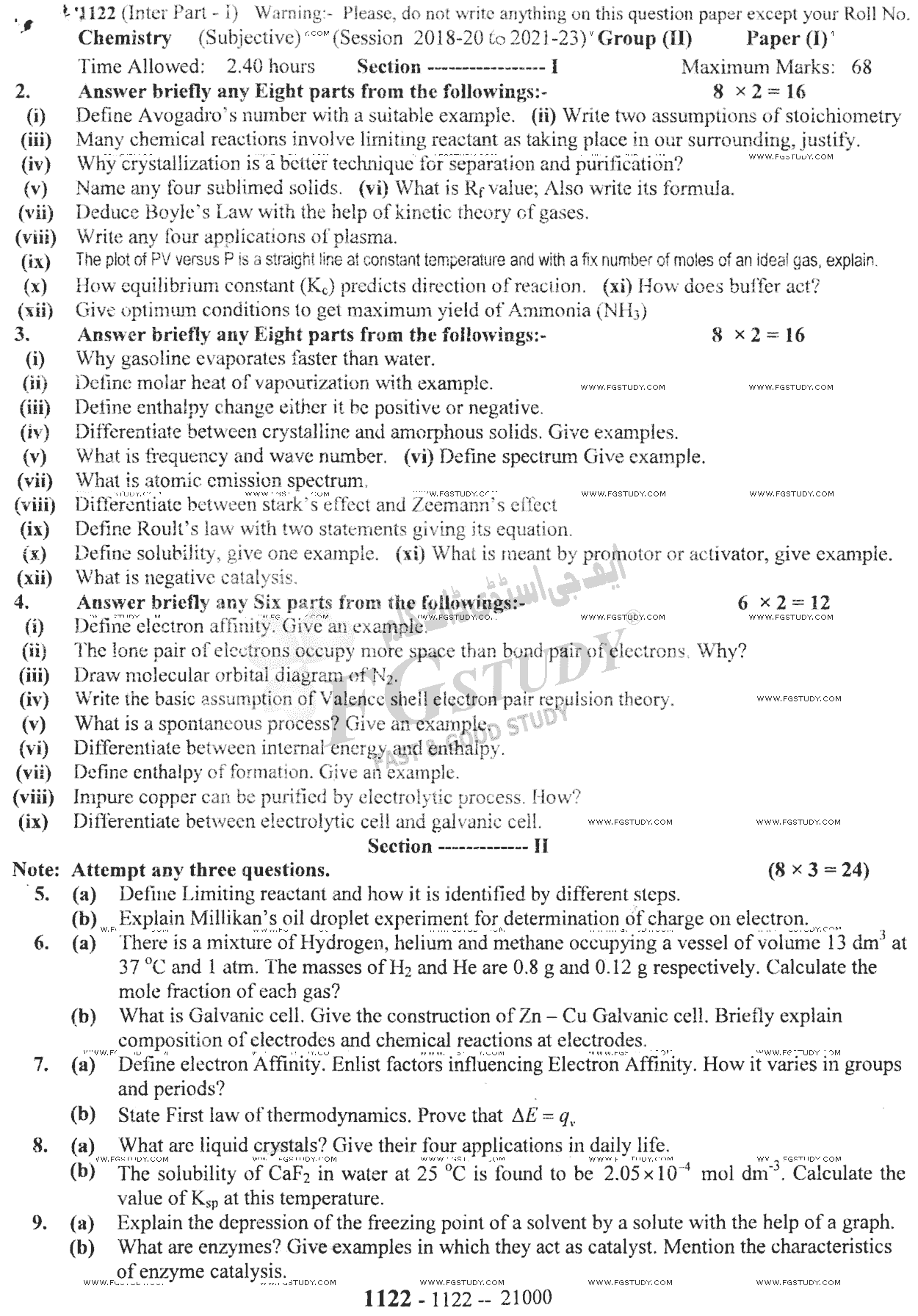 11th Class Chemistry Past Paper 2022 Sargodha Board Group 2 Subjective