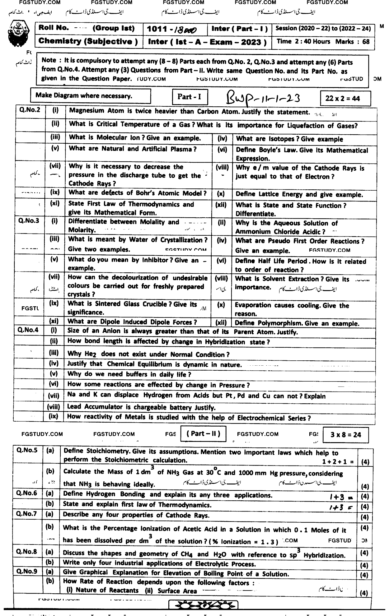 11th Class Chemistry Past Paper 2023 Bahawalpur Board Group 1 Subjective