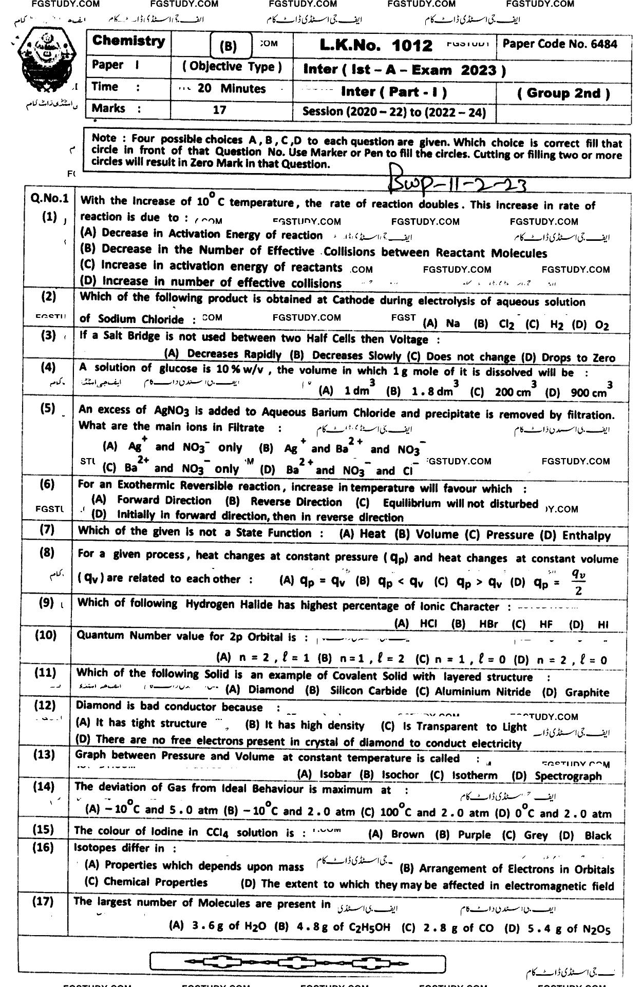 11th Class Chemistry Past Paper 2023 Bahawalpur Board Group 2 Objective