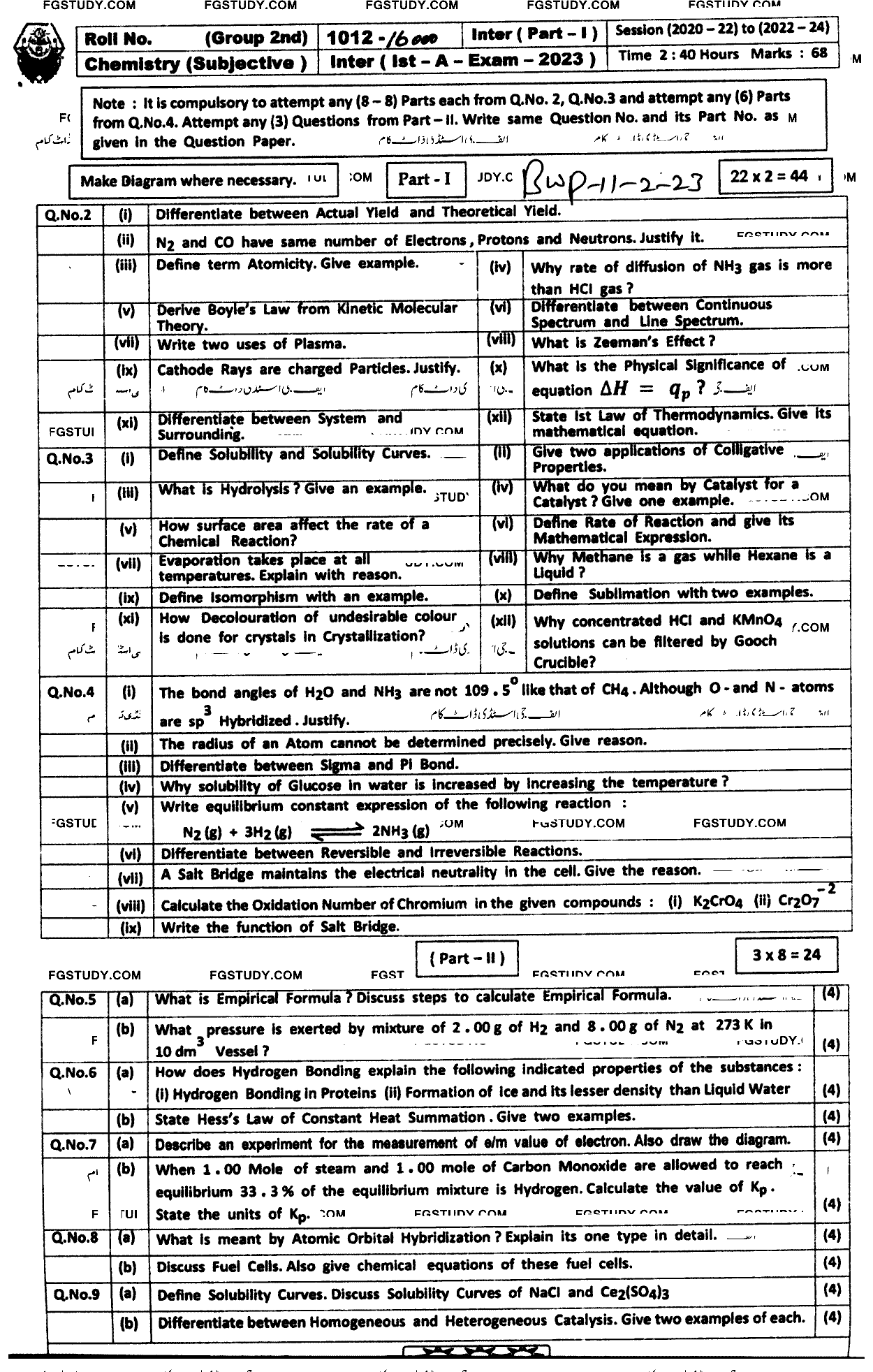 11th Class Chemistry Past Paper 2023 Bahawalpur Board Group 2 Subjective