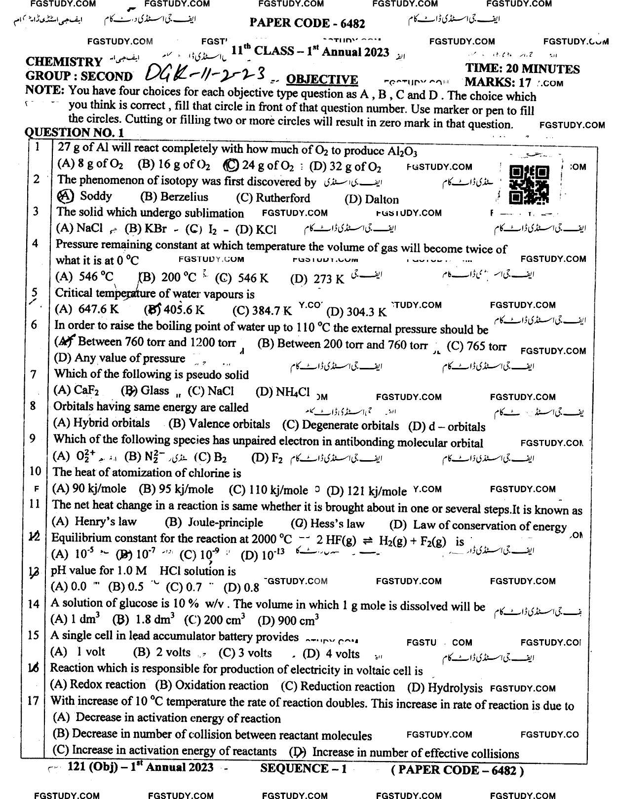 11th Class Chemistry Past Paper 2023 Dg Khan Board Group 2 Objective