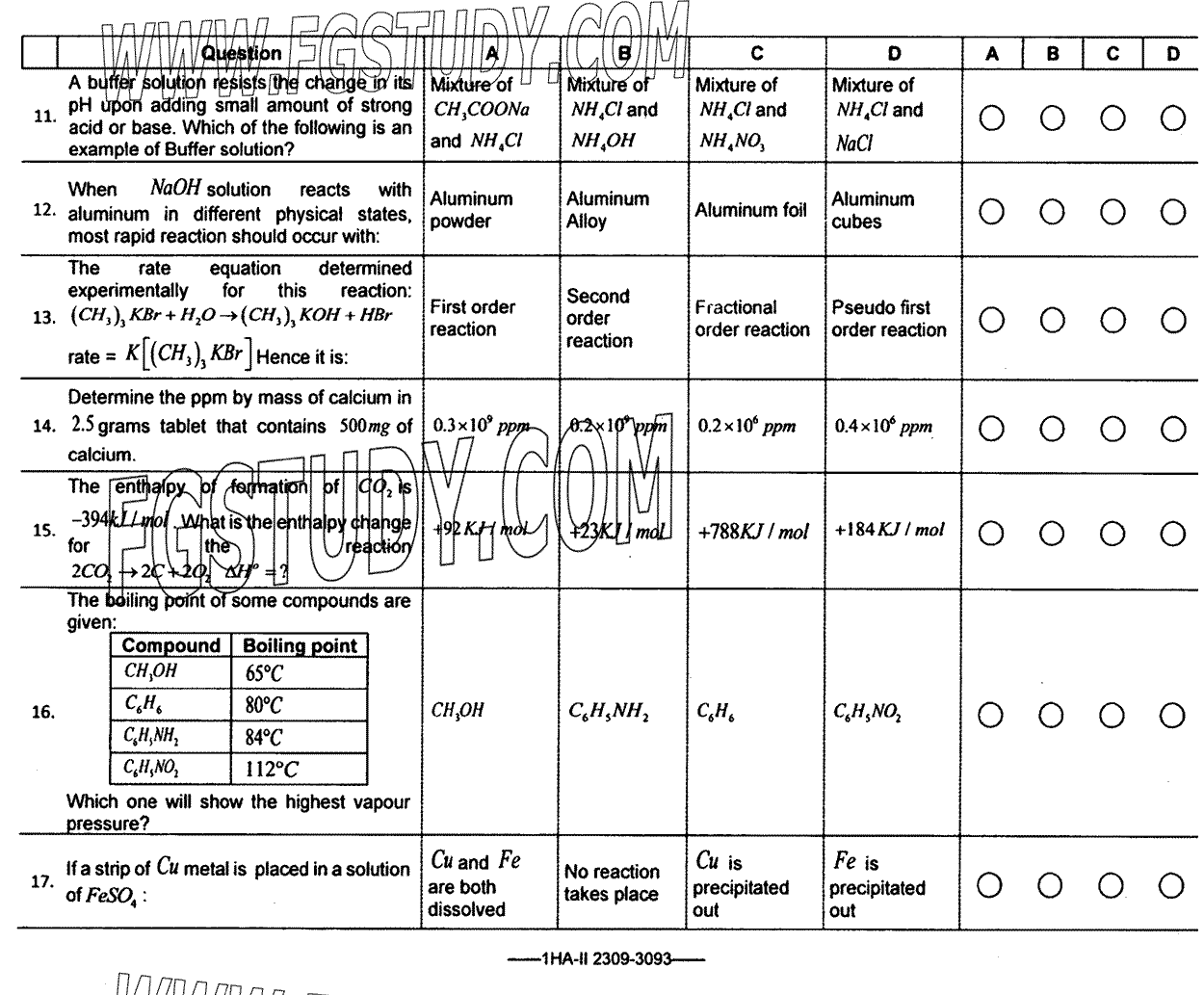 11th Class Chemistry Past Paper 2023 Federal Board Islamabad Objective