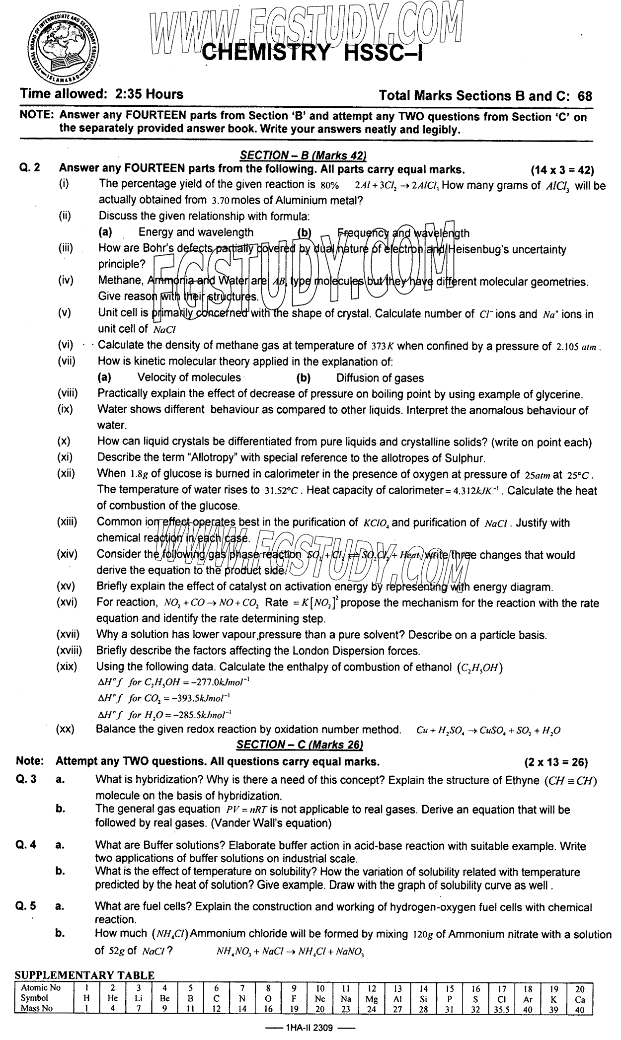 11th Class Chemistry Past Paper 2023 Federal Board Islamabad Subjective