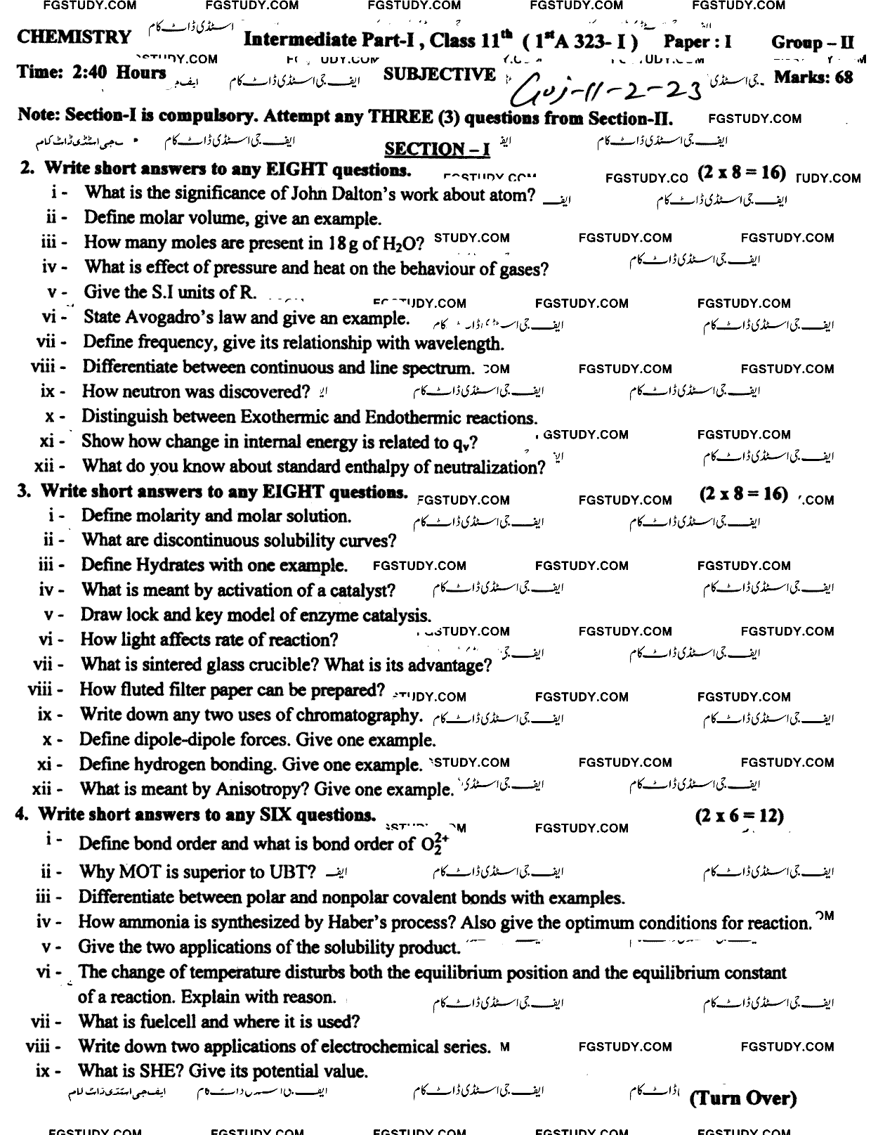 11th Class Chemistry Past Paper 2023 Gujranwala Board Group 2 Subjective