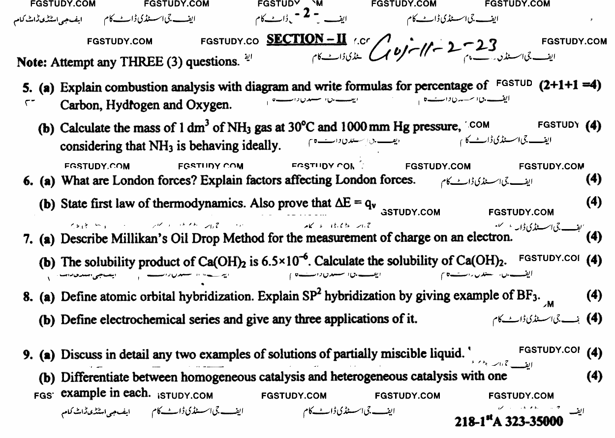 11th Class Chemistry Past Paper 2023 Gujranwala Board Group 2 Subjective