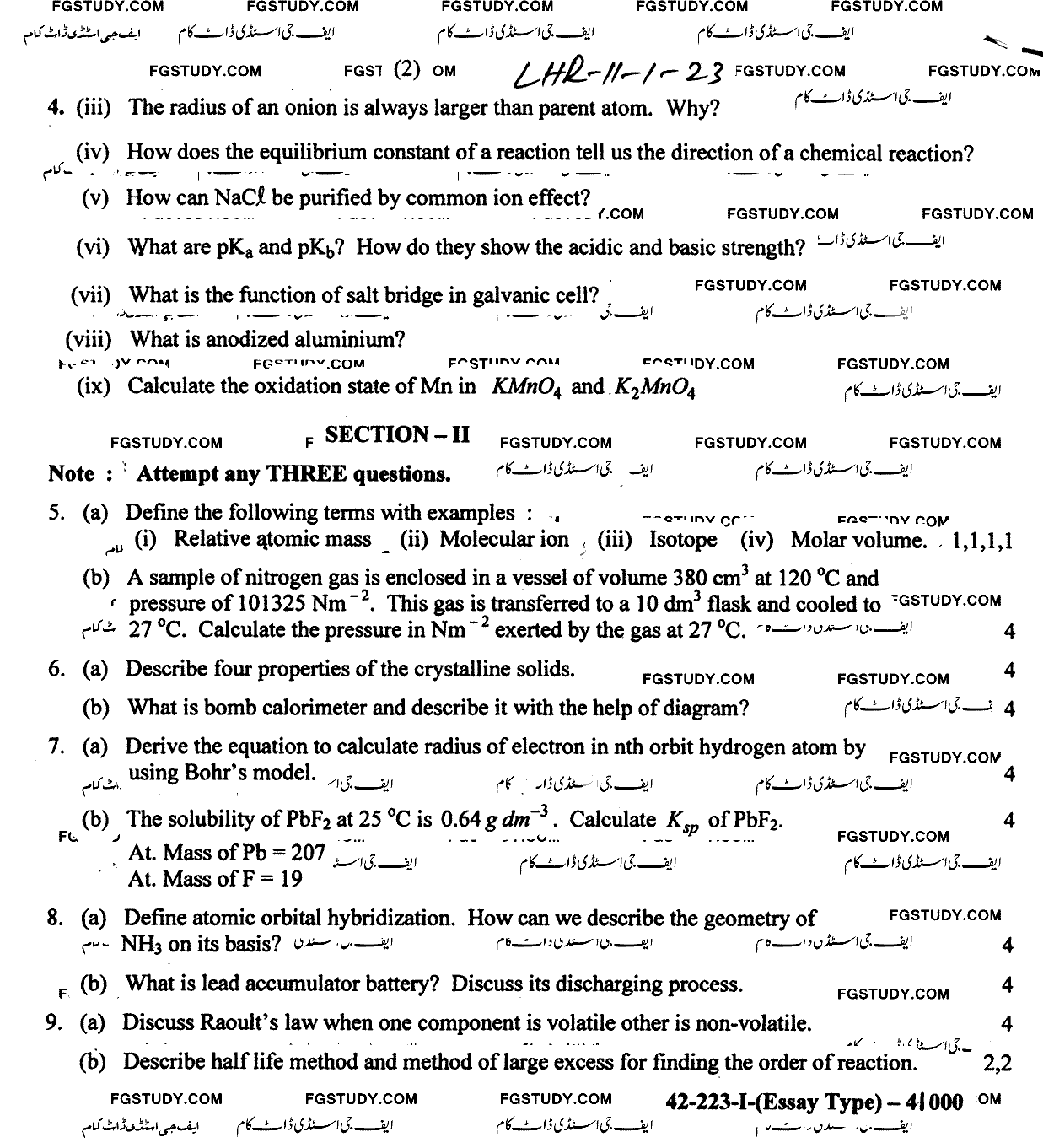 11th Class Chemistry Past Paper 2023 Lahore Board Group 1 Subjective